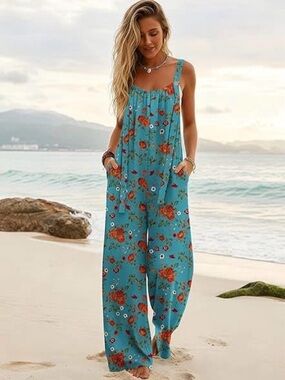 Flowy and breathable Turquoise Floral Red and White Wide-Leg Jumpsuit- Medium